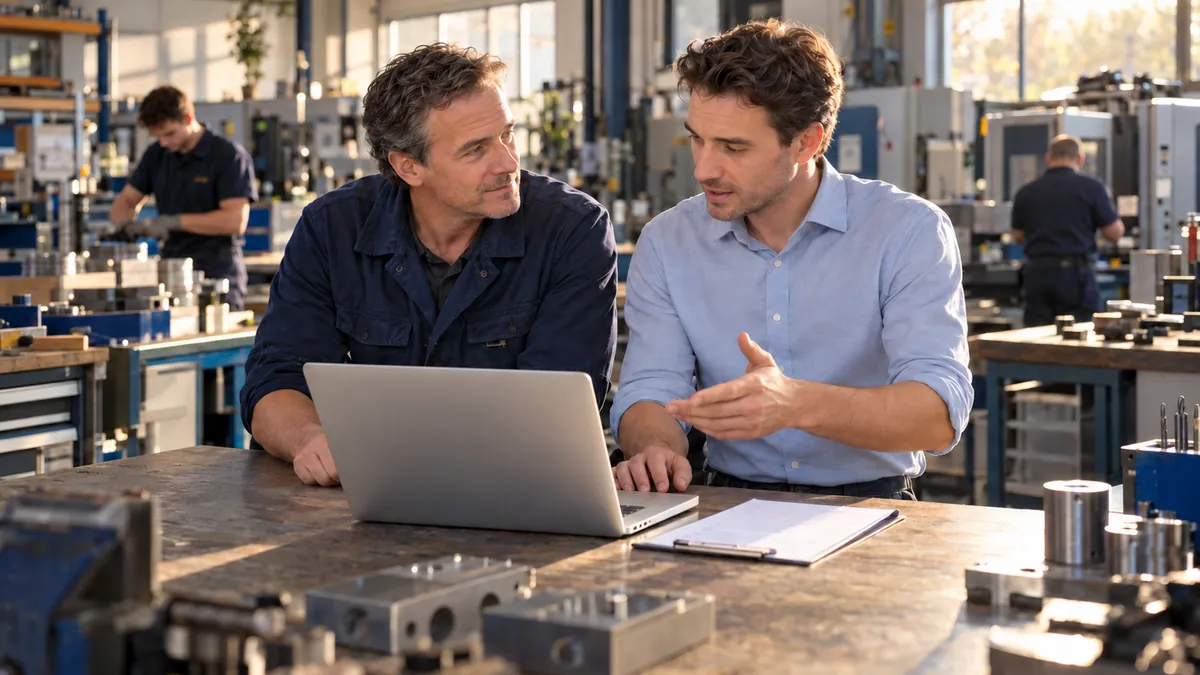 Een adviseur van WE Management en een ondernemer overleggen aan een werkbank in een productiehal, met een laptop en een checklist