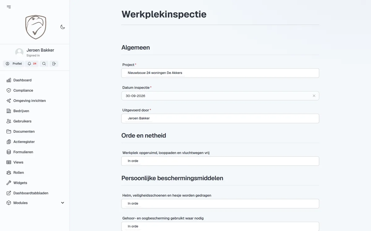 Een werkplekinspectie invullen in het OMS, met vragen over orde en netheid en persoonlijke beschermingsmiddelen